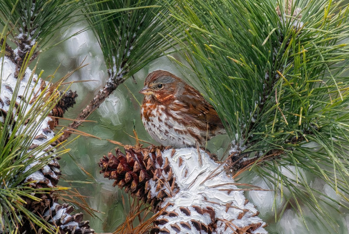 Fox Sparrow in Winter Pine