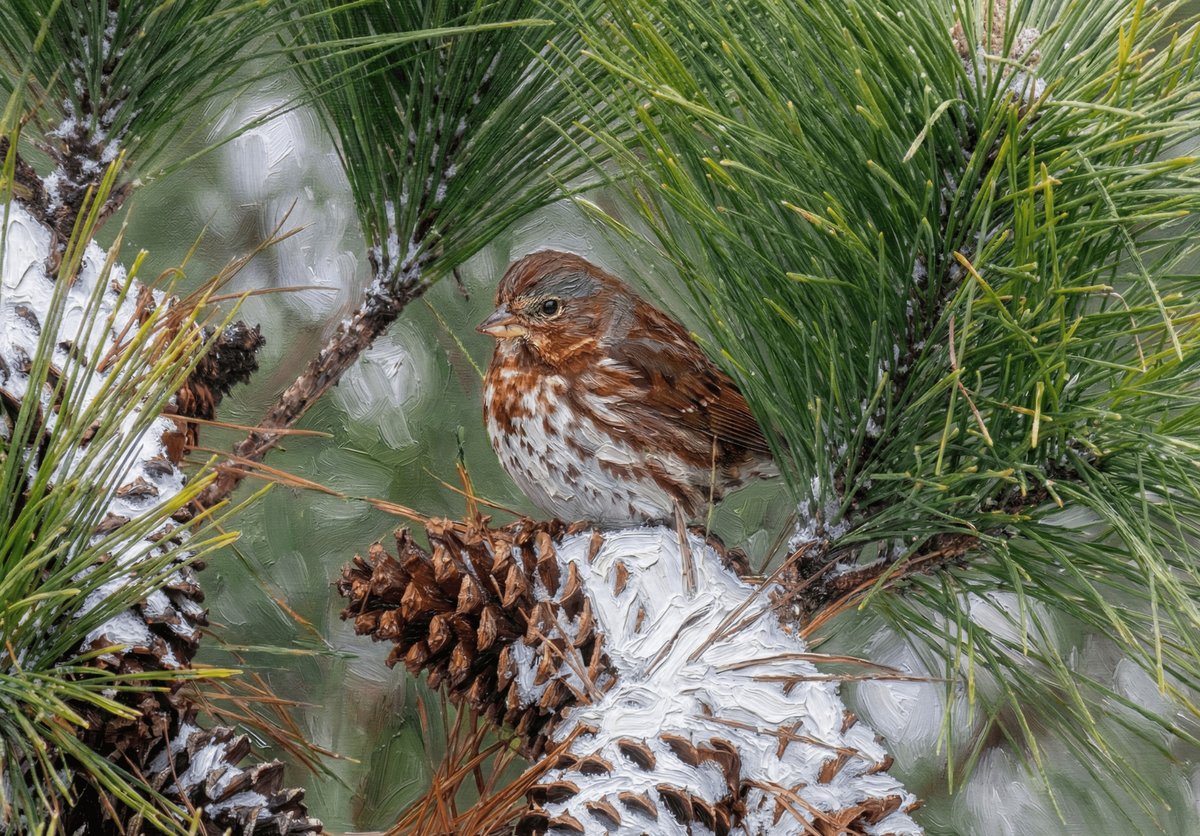 Fox Sparrow in Winter Pine